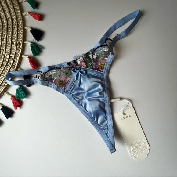 For Love And Lemons Louise Thong Panty Blue Medium NEW